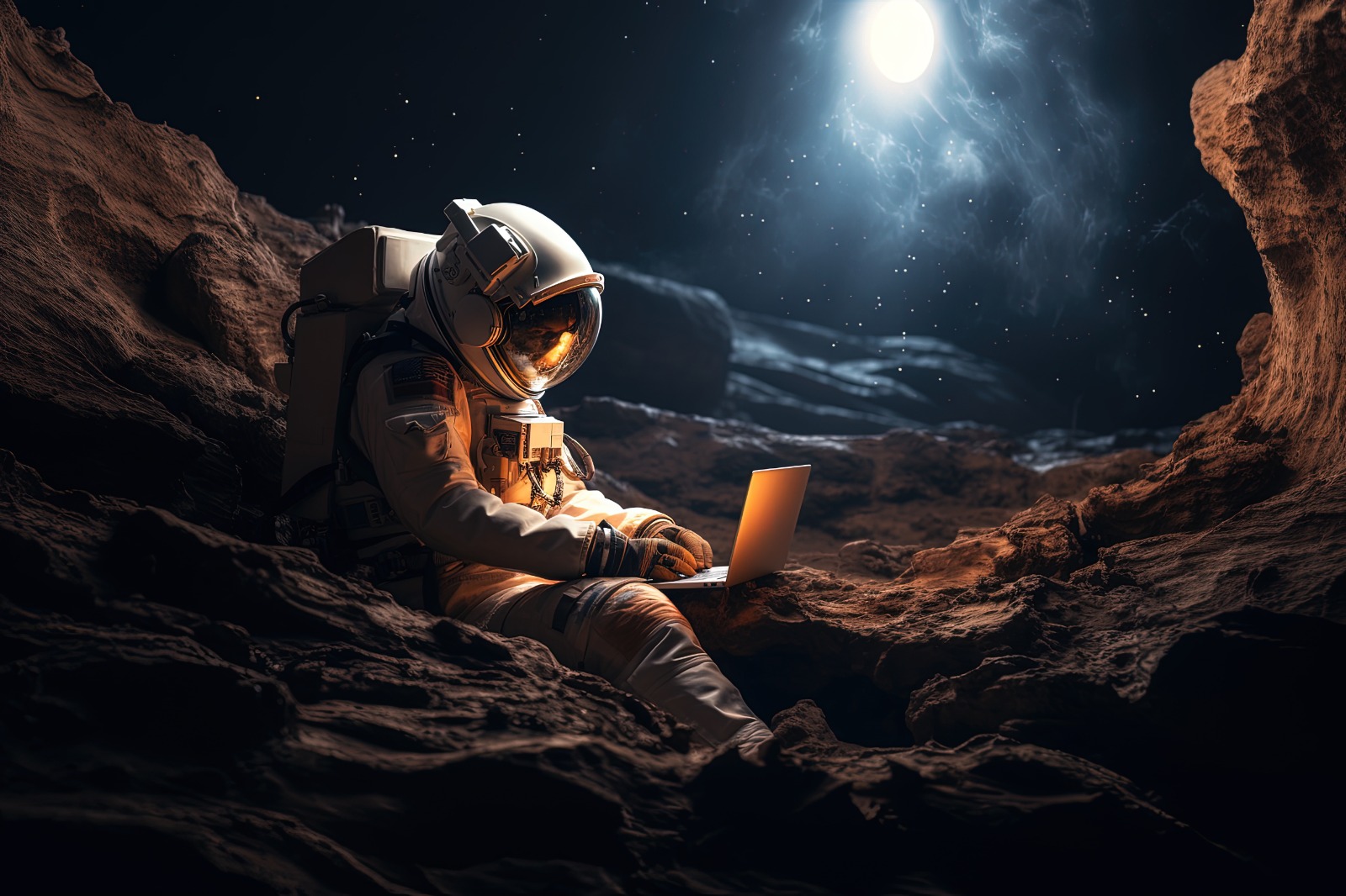 Ilustração digital de um astronauta usando um notebook, simbolizando a ideia de cibersegurança nas empresas